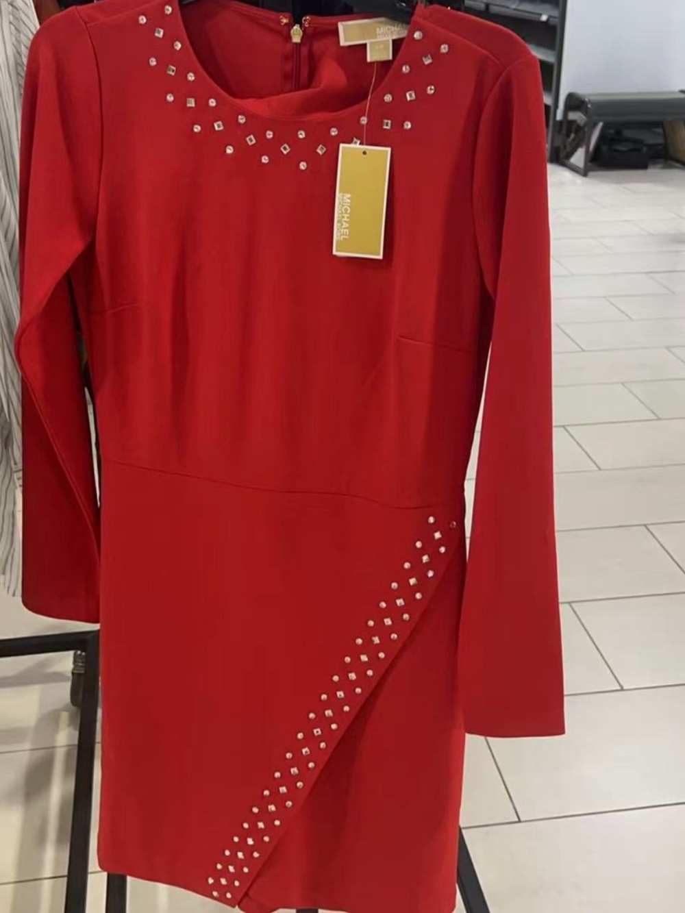 Michael Kors Red Long-Sleeve Jewel-Trim Sheath Dress